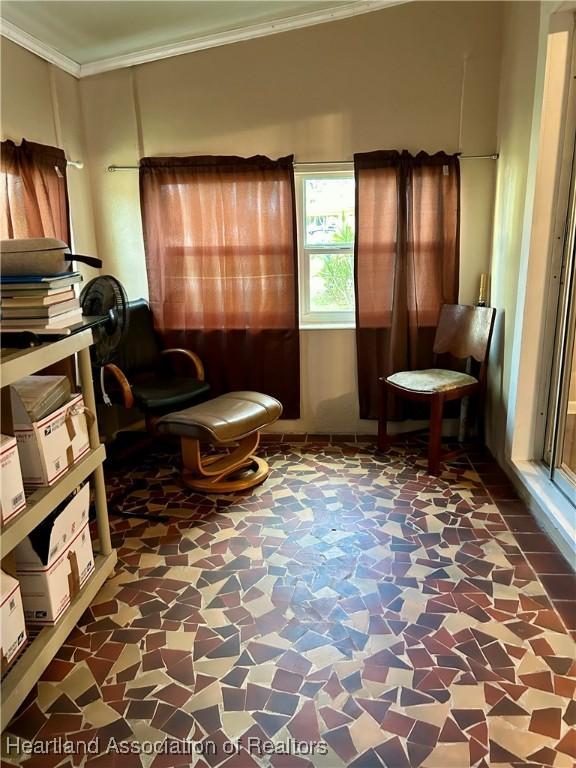 living area with ornamental molding