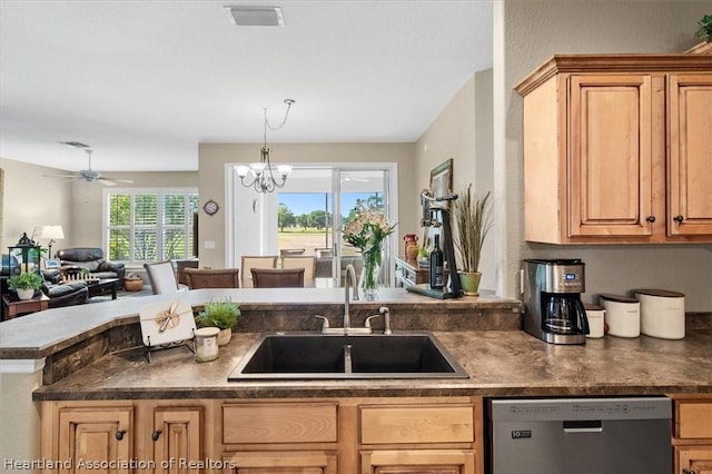 kitchen with dishwasher, ceiling fan with notable chandelier, sink, decorative light fixtures, and kitchen peninsula