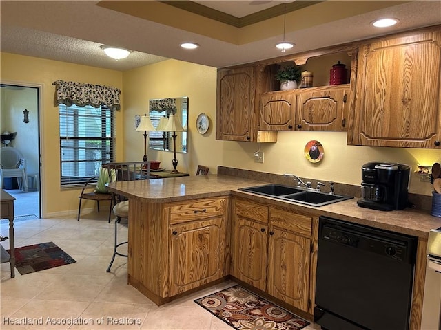 6000 Matanzas Dr, Sebring, FL 33872 - kitchen with dishwasher, a sink, a peninsula, light tile patterned floors, and brown cabinets
