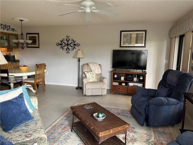 6000 Matanzas Dr, Sebring, FL 33872 - tiled living room with ceiling fan, a textured ceiling, and baseboards
