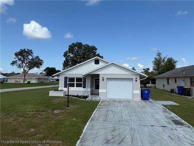 4329 Elson Ave, Sebring, FL 33875 - view of front of house featuring driveway, a garage, a front lawn, central air condition unit, and stucco siding