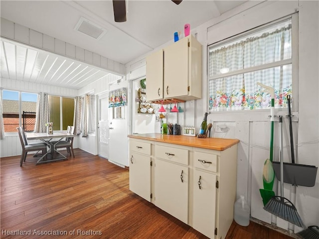 kitchen with ceiling fan and dark hardwood / wood-style floors