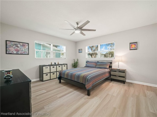 bedroom with ceiling fan and light wood-type flooring