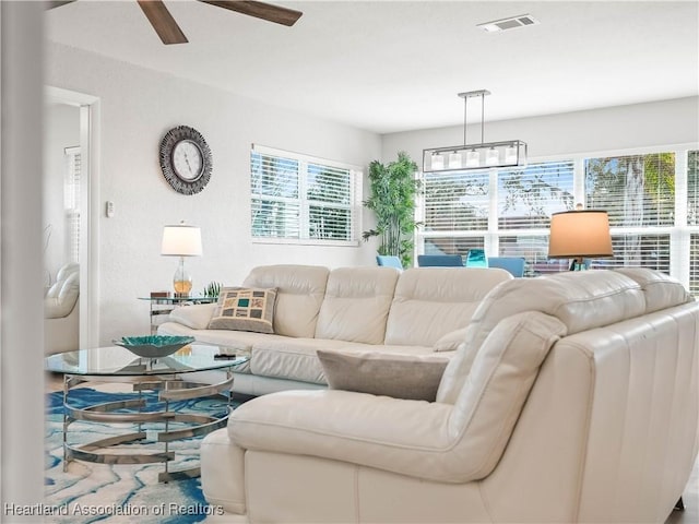 living room featuring ceiling fan and plenty of natural light