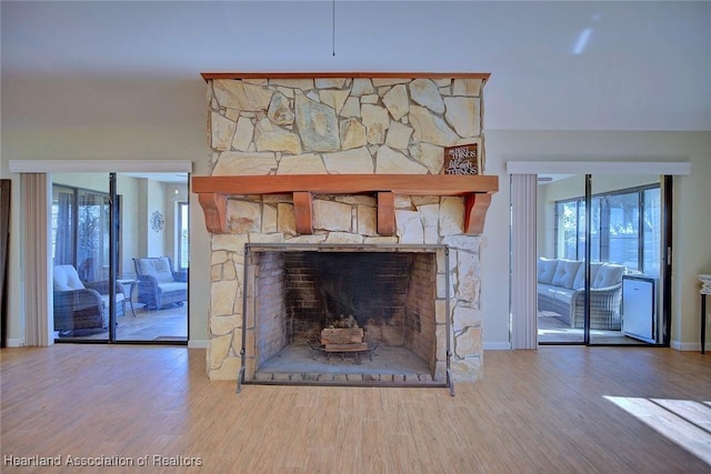 details with hardwood / wood-style floors and a fireplace