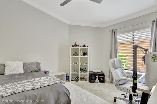 bedroom with ceiling fan, crown molding, and light tile patterned floors