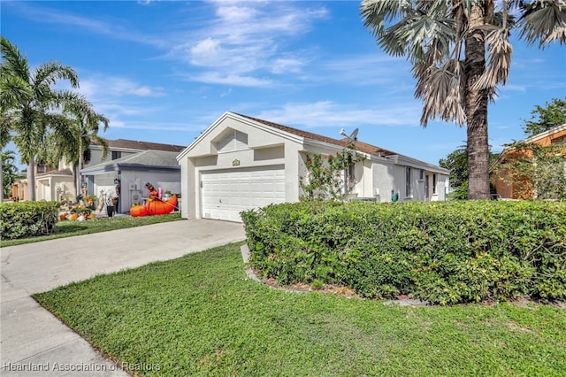 single story home featuring a garage and a front lawn