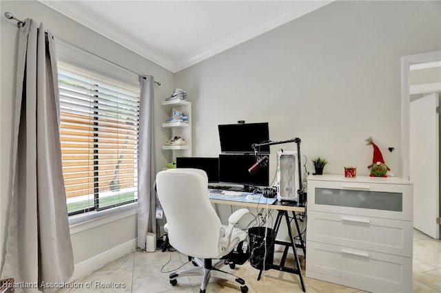 tiled home office with crown molding