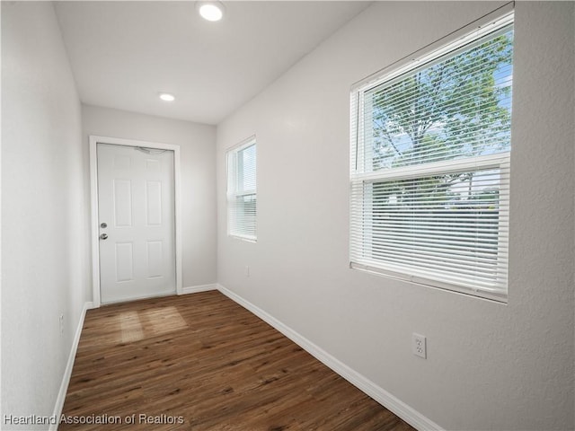 interior space featuring baseboards, recessed lighting, and wood finished floors