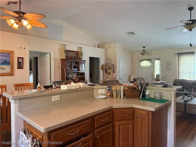 1502 Paper Birch St, Lake Placid, FL 33852 - kitchen with open floor plan, ceiling fan, vaulted ceiling, light countertops, and dark wood-style flooring