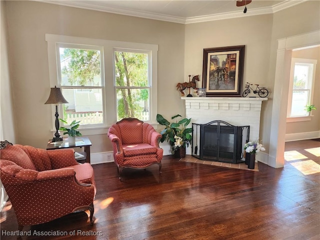 sitting room featuring crown molding, plenty of natural light, a fireplace, and wood-type flooring