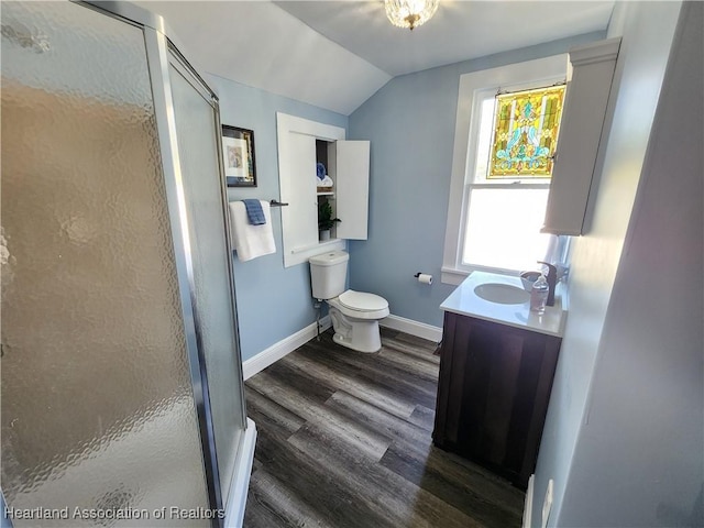 bathroom featuring a shower stall, baseboards, lofted ceiling, and wood finished floors