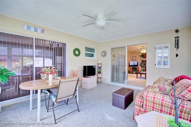 living room featuring carpet and a textured ceiling