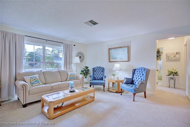 carpeted living room with a textured ceiling