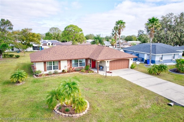 single story home with a front lawn and a garage