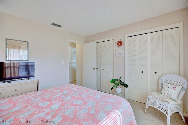 bedroom with light colored carpet, a textured ceiling, and two closets