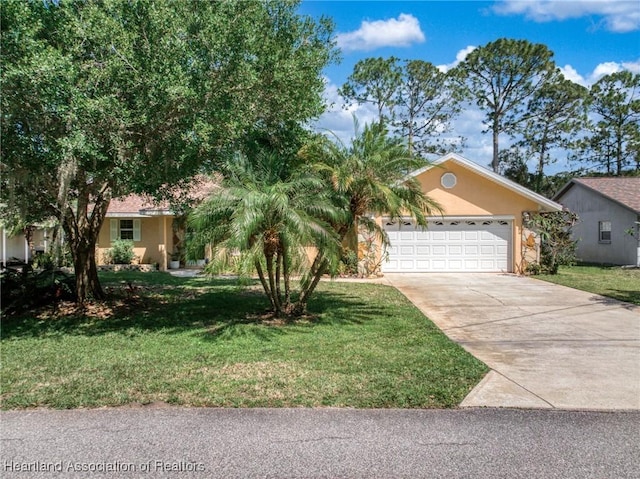 view of front of property featuring an attached garage, driveway, a front yard, and stucco siding