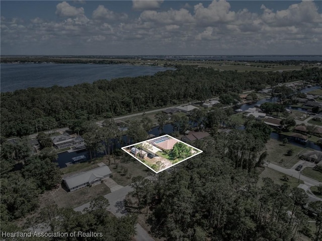 birds eye view of property with a view of trees and a water view