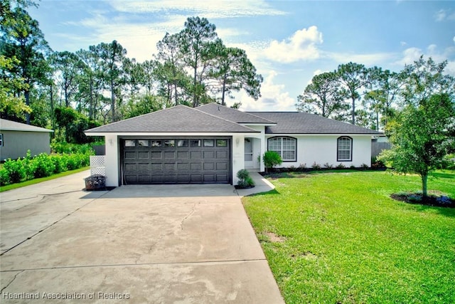 33064 Grand Prix Dr, Sebring, FL 33872 - ranch-style home with concrete driveway, a garage, stucco siding, a front yard, and roof with shingles