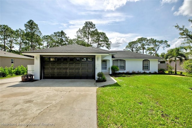 33064 Grand Prix Dr, Sebring, FL 33872 - view of front of property featuring driveway, an attached garage, stucco siding, and a front yard