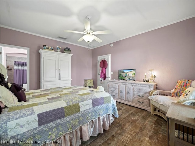 bedroom featuring dark wood-style floors, visible vents, a ceiling fan, and ornamental molding