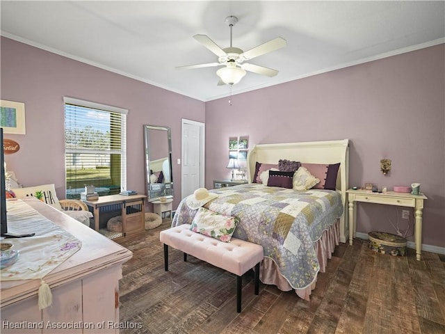 bedroom featuring ceiling fan, baseboards, crown molding, and wood finished floors