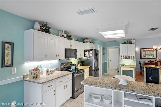 3243 E Anglers Strm, Avon Park, FL 33825 - kitchen with range with electric stovetop, black microwave, stainless steel refrigerator with ice dispenser, open shelves, and white cabinets