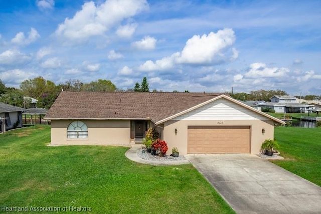 single story home with a front yard, driveway, an attached garage, and stucco siding