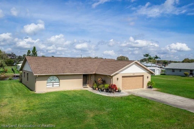 ranch-style home featuring an attached garage, driveway, a front yard, and stucco siding