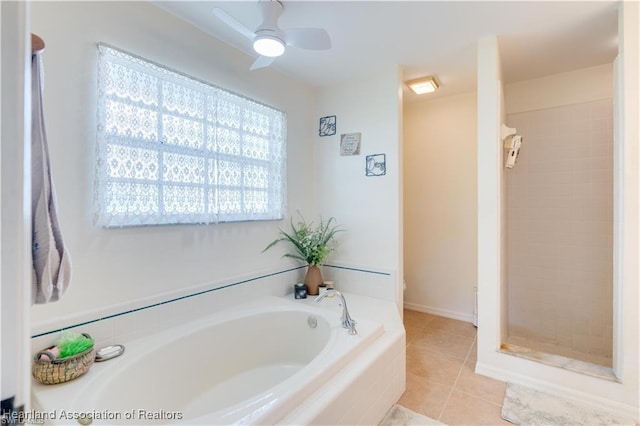 bathroom featuring separate shower and tub, ceiling fan, and tile patterned flooring