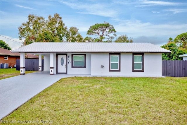 ranch-style house with a carport, central AC unit, and a front yard