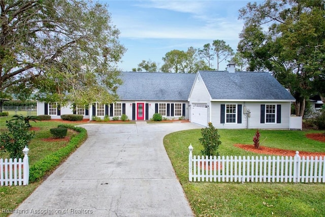 single story home with a garage and a front lawn