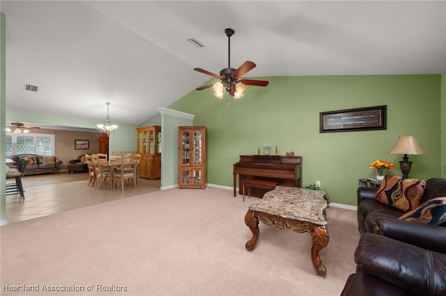 4023 Santa Barbara Dr, Sebring, FL 33875 - carpeted living room featuring a ceiling fan, vaulted ceiling, and baseboards