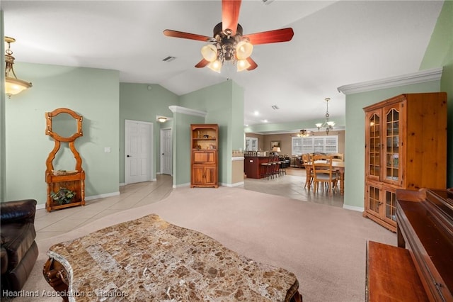 4023 Santa Barbara Dr, Sebring, FL 33875 - bedroom with vaulted ceiling, light tile patterned floors, baseboards, light carpet, and a chandelier