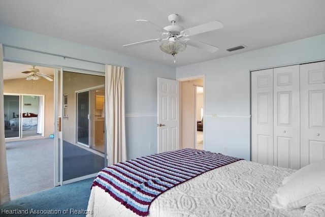 bedroom with carpet, ceiling fan, and vaulted ceiling