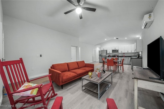 living room with light hardwood / wood-style floors, ceiling fan, lofted ceiling, and a wall mounted AC