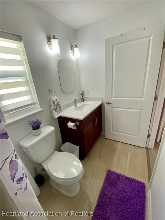 bathroom featuring toilet, wood finished floors, and vanity
