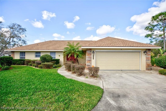 ranch-style house with a garage and a front lawn