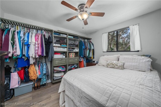 bedroom featuring ceiling fan and wood-type flooring