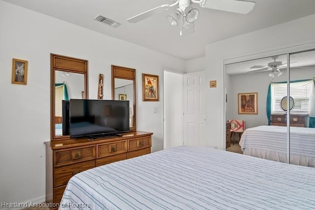 bedroom featuring ceiling fan, a closet, and visible vents