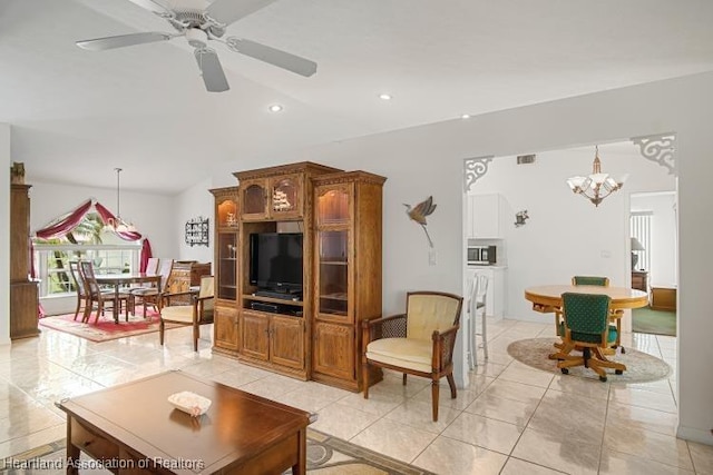 living room featuring recessed lighting, visible vents, light tile patterned flooring, vaulted ceiling, and ceiling fan with notable chandelier