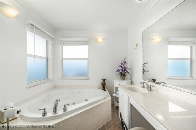 bathroom featuring a whirlpool tub, ornamental molding, and vanity
