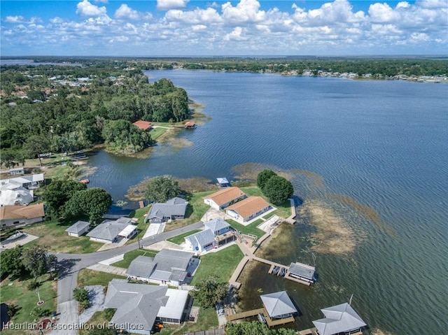 birds eye view of property featuring a residential view and a water view