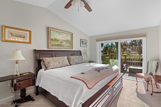 carpeted bedroom featuring access to exterior, ceiling fan, and lofted ceiling