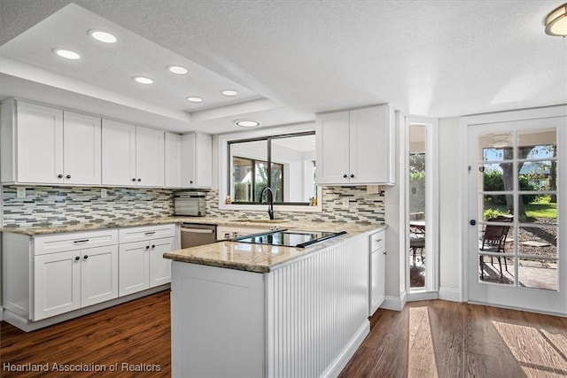 kitchen with white cabinets, dark hardwood / wood-style flooring, kitchen peninsula, and sink