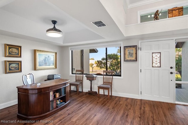 entryway with dark hardwood / wood-style flooring and a tray ceiling