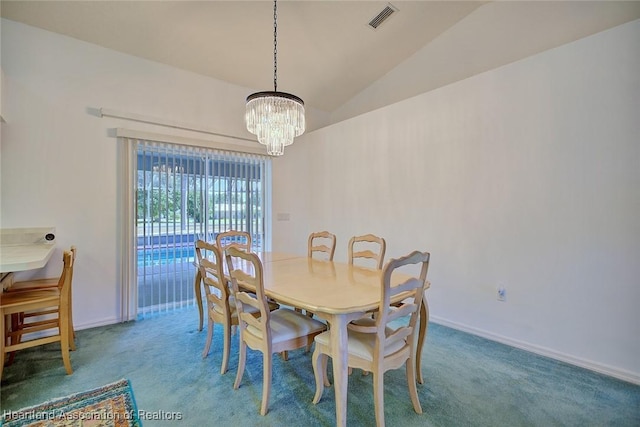 dining area featuring a notable chandelier, carpet flooring, lofted ceiling, and visible vents