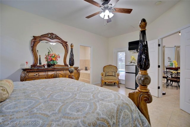 tiled bedroom featuring connected bathroom and ceiling fan