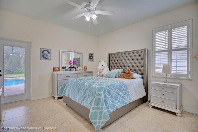 bedroom with access to outside, ceiling fan, and light tile patterned flooring