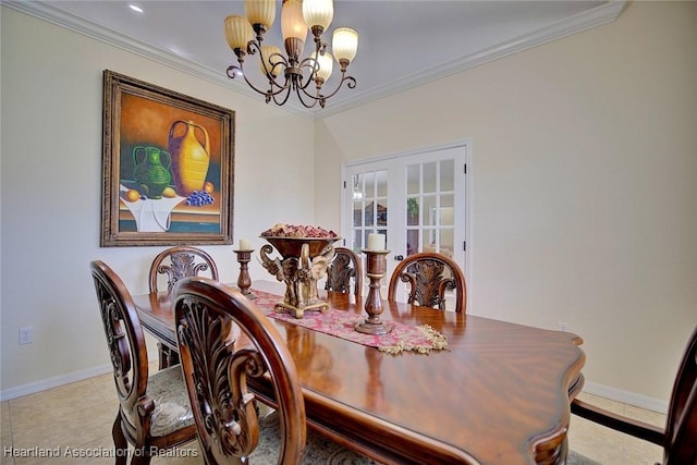 tiled dining space with french doors, ornamental molding, and an inviting chandelier